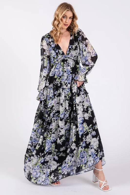 Black Floral Chiffon Deep V Ruffle Tiered Maxi Dress Elegant Maxi Dress with Slit