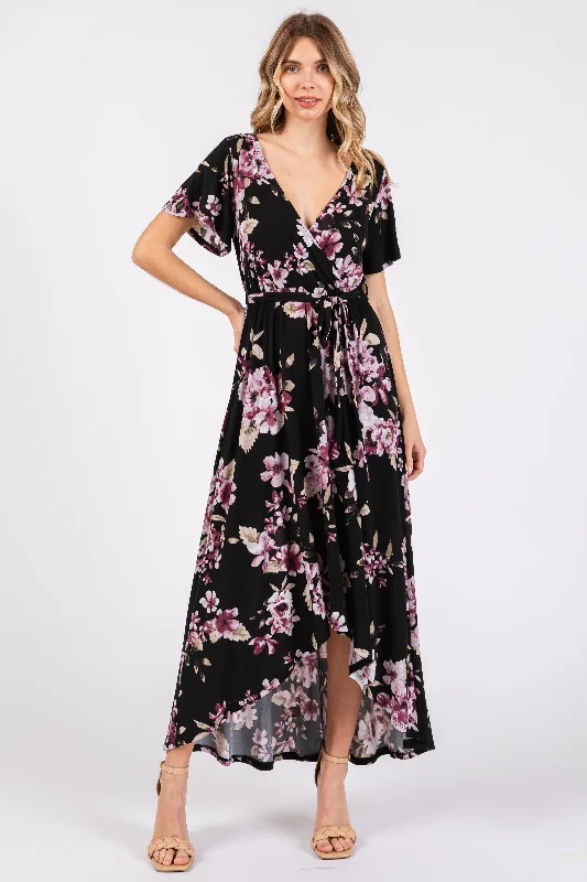 Black Floral Print Wrap Front V-Neck Hi-Low Midi Dress Stylish Off-Shoulder Ruffle Dress