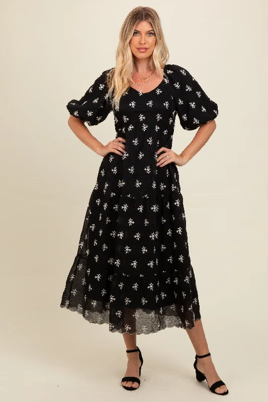 Black Floral Puff Sleeve Midi Dress Comfortable Short Sleeve Midi Dress