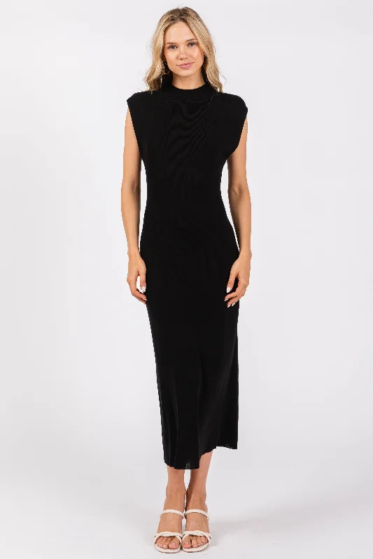 Black Knit Mock Neck Midi Dress Comfortable Stretch Midi Dress