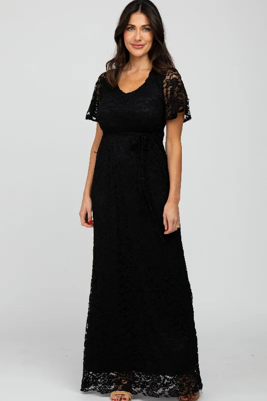 Black Lace Front Tie Maxi Dress Comfortable Maxi Dress with Sleeves