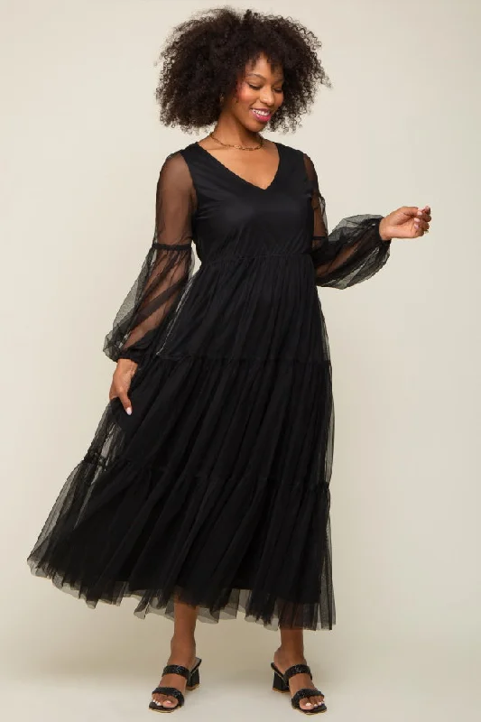 Black Mesh Overlay Tiered Maxi Dress Stylish Maxi Dress with Frills