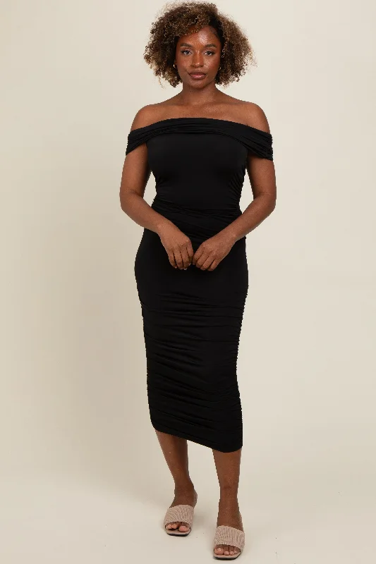 Black Off Shoulder Ruched Midi Dress Trendy Smocked Waist Midi Dress