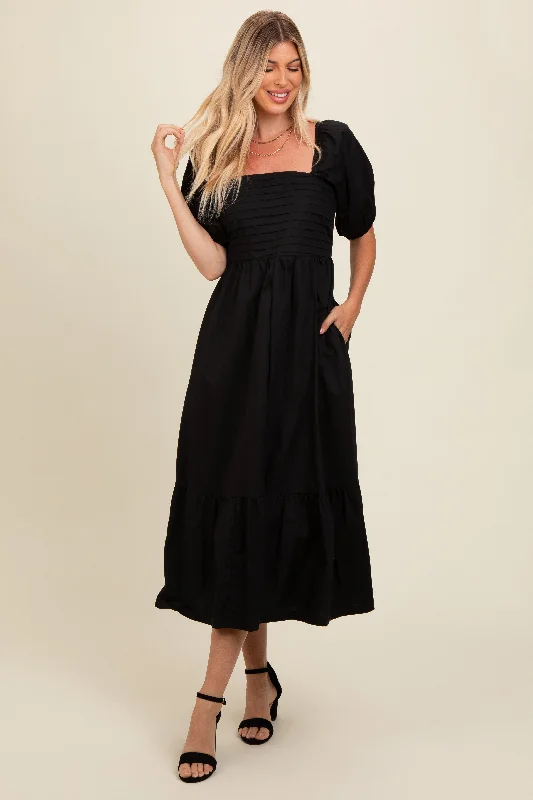 Black Pleated Bodice Puff Sleeve Midi Dress Cozy Tie-Dye Midi Dress