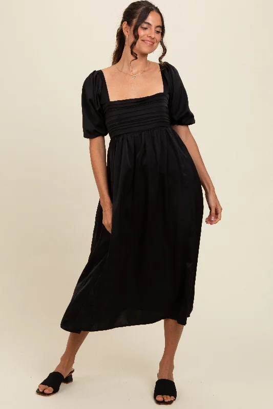 Black Satin Pleated Bodice Puff Sleeve Midi Dress Elegant Maxi-Midi Hybrid Dress