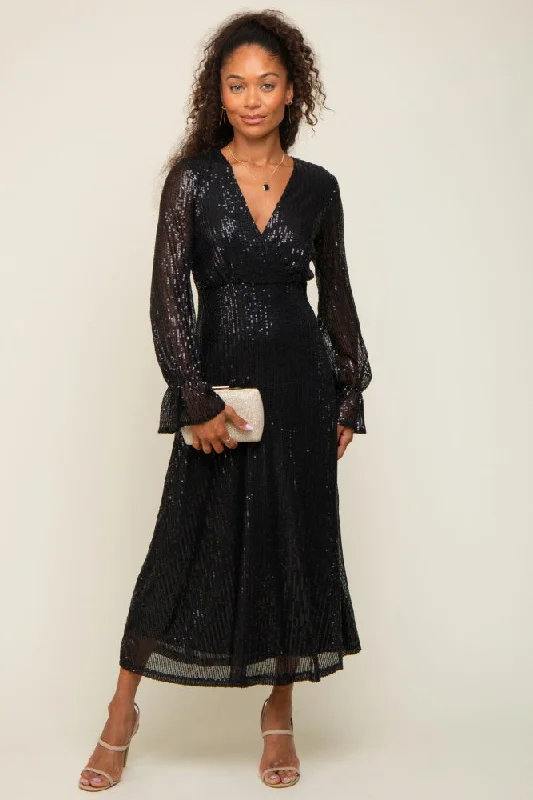 Black Sequin Long Sleeve Wrap Maxi Dress Cozy Open-Back Maxi Dress