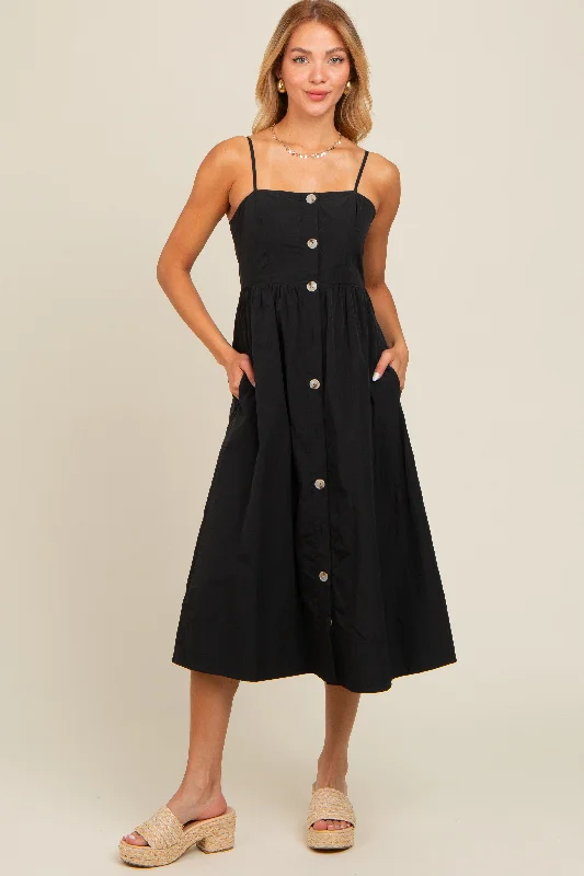 Black Sleeveless Button Down Midi Dress Trendy Off-Shoulder Ruffle Midi Dress