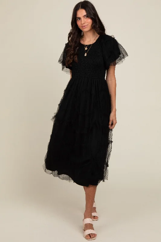 Black Smocked Dotted Tulle Overlay Midi Dress Cozy A-Line Midi Dress