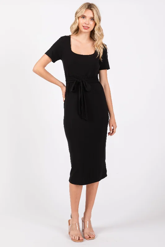 Black Square Neck Belted Midi Dress Trendy Ruffle Hem Midi Dress