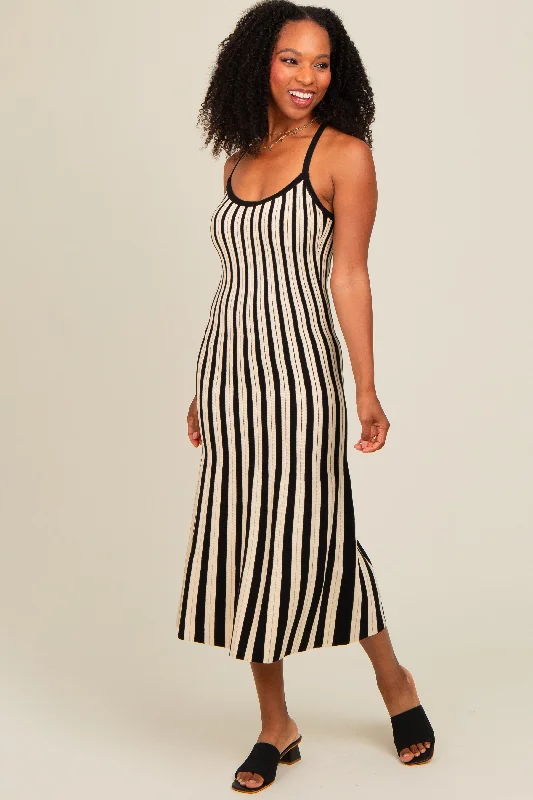 Black Striped Knit Fitted Midi Dress Elegant Pleated Sleeve Midi Dress