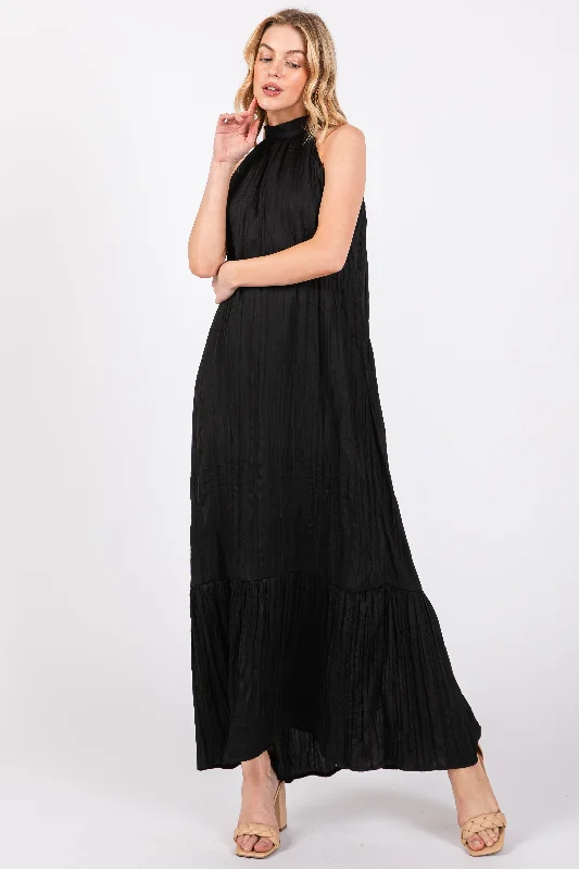 Black Textured Halter Tie Maxi Dress Stylish Button-Up Maxi Dress