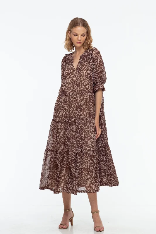 Blak - Promise Midi Dress - Leopard Print Fashionable Chiffon Midi Dress