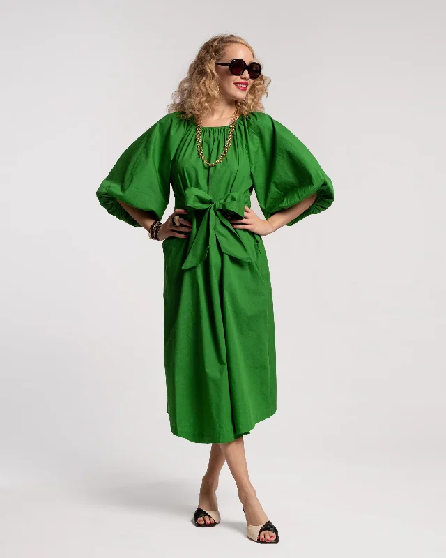 Bliss Midi Dress Cotton Poplin Green Trendy Mock Neck Midi Dress