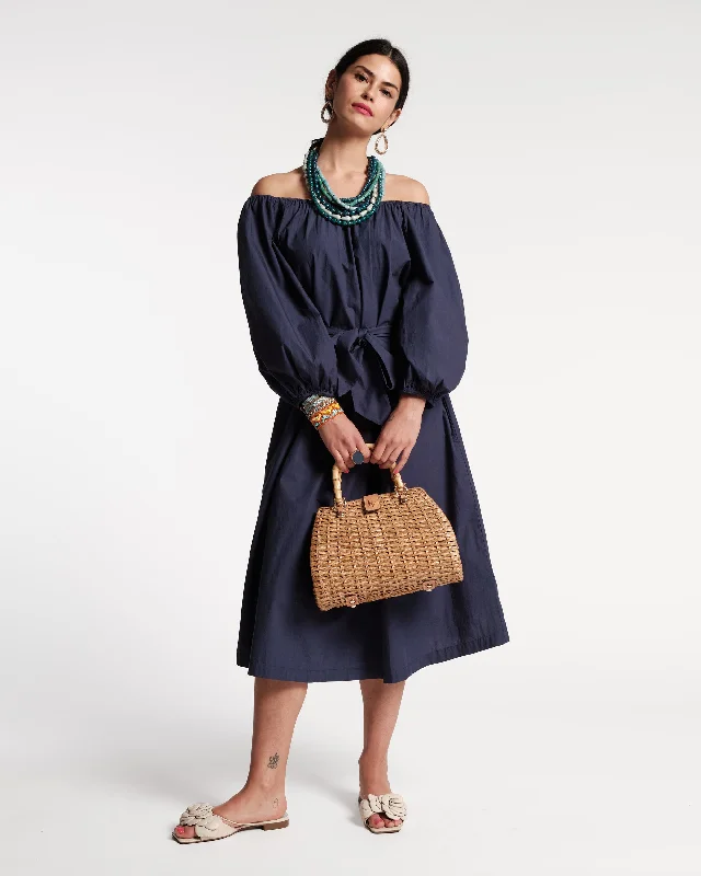 Bliss Midi Dress Cotton Poplin Navy Stylish Pleated Skirt Midi Dress