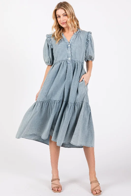 Blue Denim Button Front Short Sleeve Tiered Midi Dress Elegant Faux Wrap Midi Dress