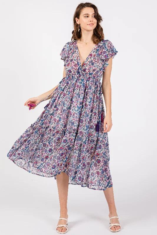 Blue Floral Chiffon Flutter Sleeve Ruffle Hem Midi Dress Elegant Pleated Detail Midi Dress