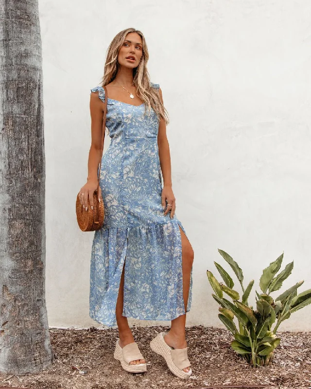 Blue Floral Print Chiffon Midi Dress Comfortable Ribbed Midi Dress
