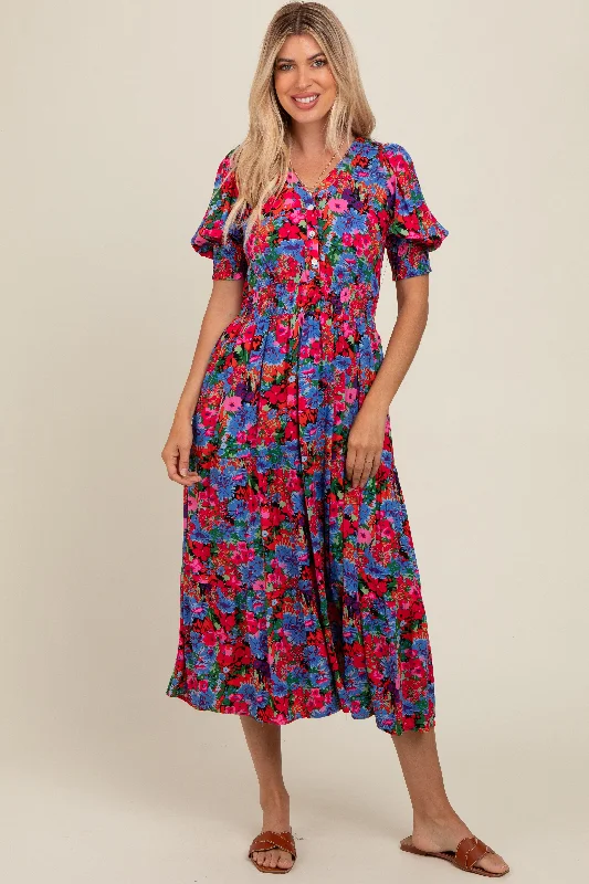 Blue Floral Smocked Waist Midi Dress Cozy Midi Dress with Pockets