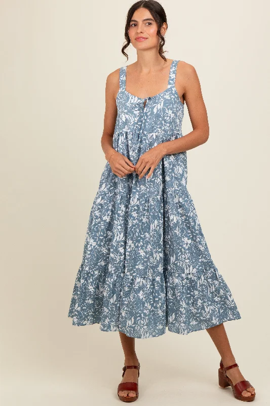 Blue Floral Tiered Midi Dress Stylish Button-Up Midi Dress