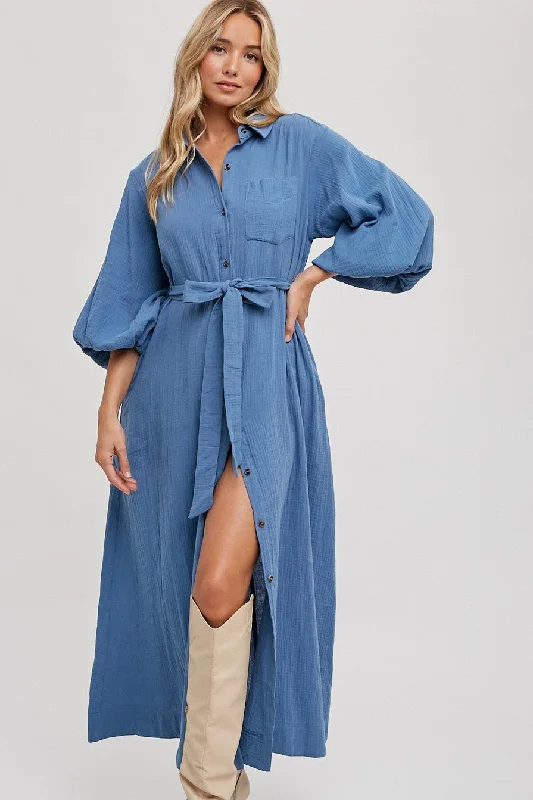 Blue Gauze Belted Shirt Midi Dress Cozy Spaghetti Strap Midi Dress