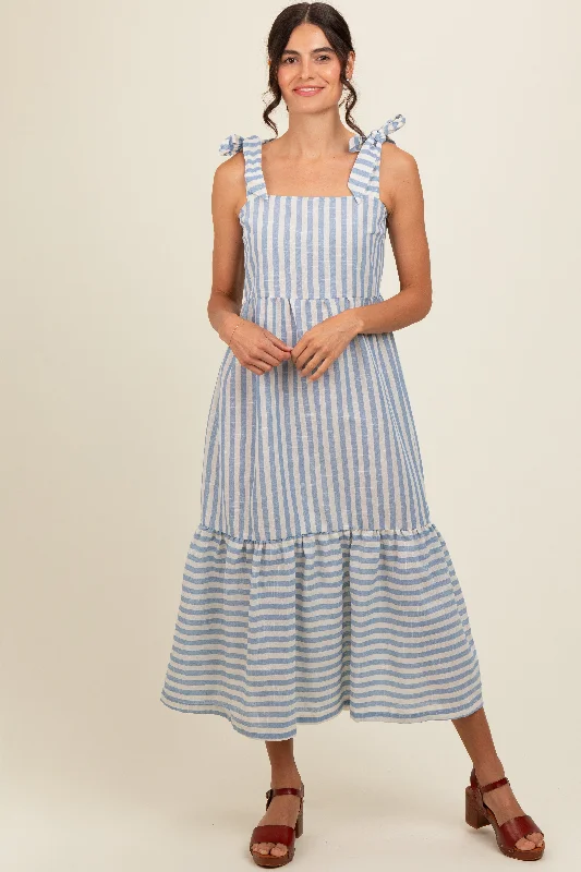 Blue Striped Shoulder Tie Midi Dress Fashionable Chiffon Midi Dress