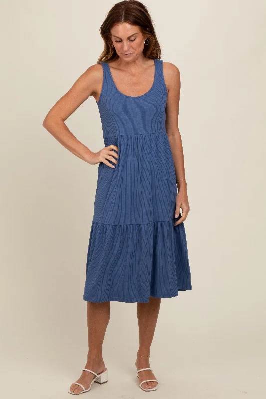 Blue Tiered Sleeveless Midi Dress Trendy Square Neck Midi Dress