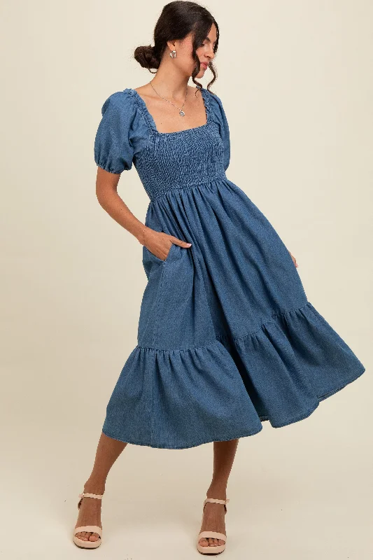 Blue Vintage Wash Chambray Smocked Midi Dress Fashionable High-Low Midi Dress