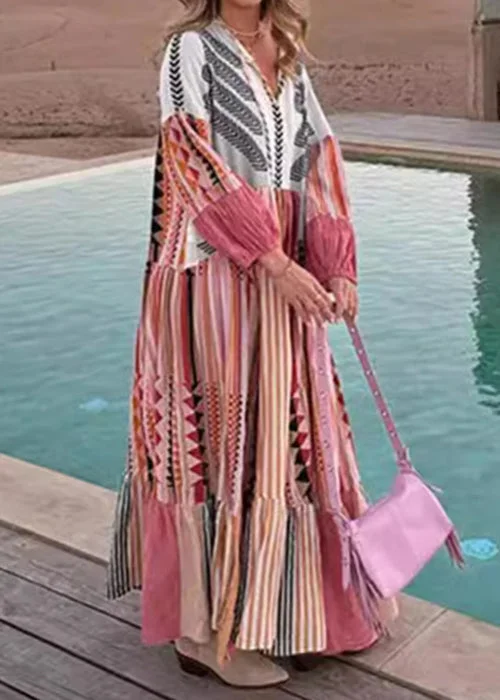Bohemian Colorblock Lace Up Print Cotton Maxi Dress Long Sleeve BB055 Cozy Maxi Dress with Slit