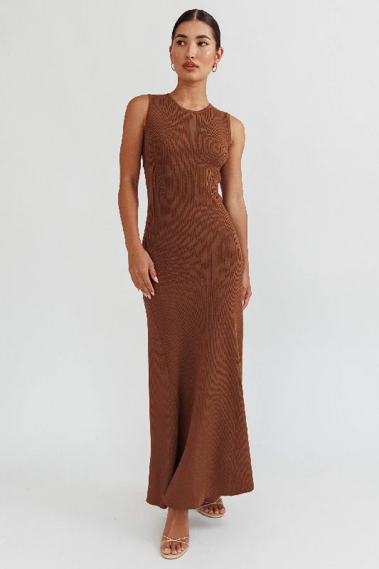 Braylee Sleeveless Ribbed Knit Maxi Dress Chocolate Elegant Maxi Dress with Drapes