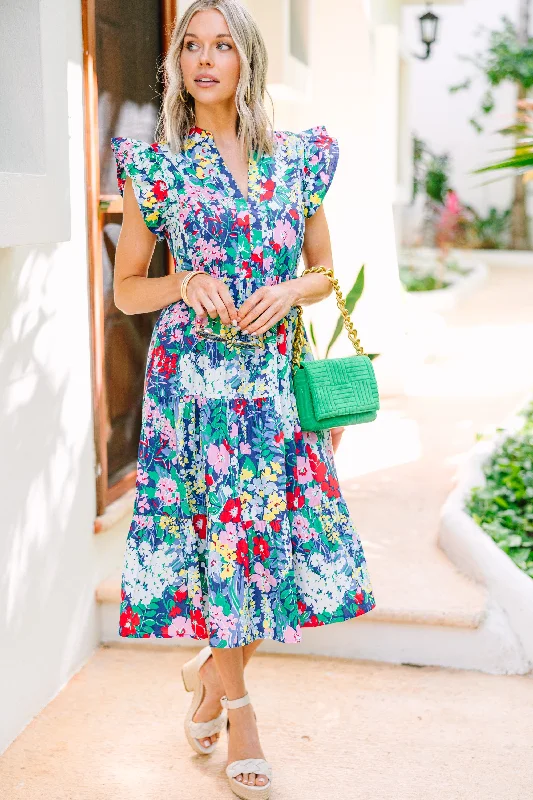 Bright Days Ahead Navy Blue Floral Midi Dress Stylish Pleated Skirt Midi Dress