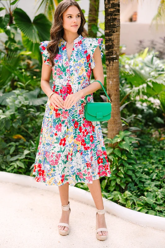 Bright Days Ahead White Floral Midi Dress Elegant V-Neck Midi Dress