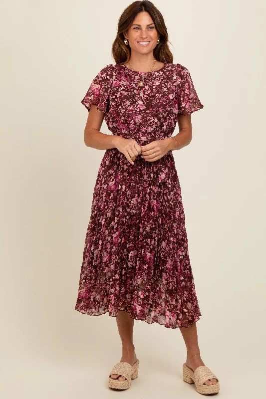 Brown Floral Pleated Midi Dress Elegant Satin Button Midi Dress