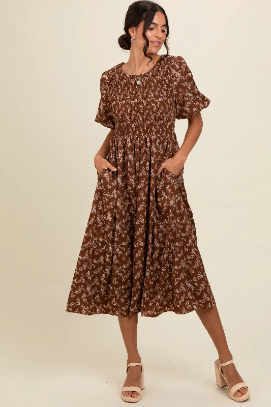 Brown Floral Smocked Midi Dress Chic Floral Print Midi Dress