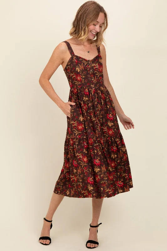 Brown Floral Sweetheart Neck Button Down Midi Dress Comfortable Wrap Midi Dress