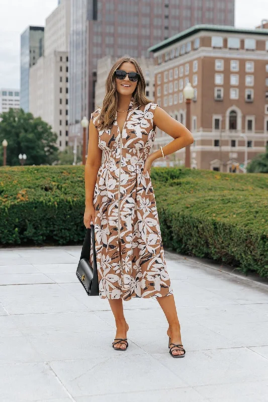 Brown Floral Zip Up Midi Dress Elegant Satin Slip Midi Dress