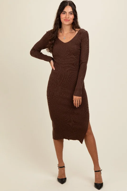 Brown Ribbed Knit Side Slit Midi Dress Elegant Floral Appliqué Midi Dress