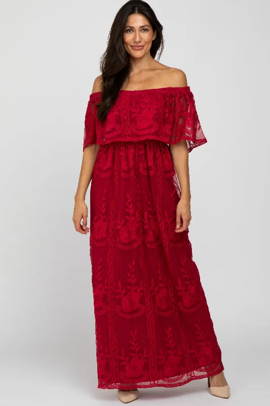 Burgundy  Lace Overlay Off Shoulder Flounce Maxi Dress Cozy Cold-Shoulder Maxi Dress