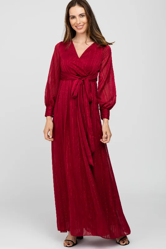 Burgundy Metallic Striped Chiffon Maxi Dress Stylish V-Neck Maxi Dress