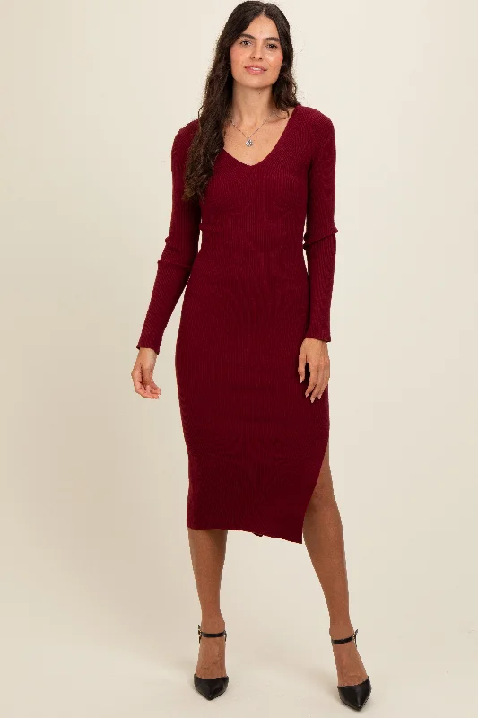 Burgundy Ribbed Knit Side Slit Midi Dress Elegant Pleated Detail Midi Dress