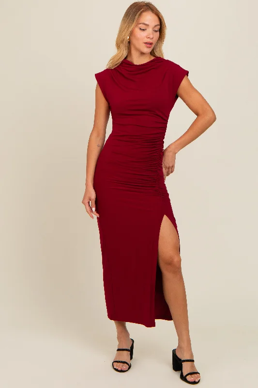 Burgundy Ruched Mock Neck Slit Midi Dress Elegant Satin Button Midi Dress