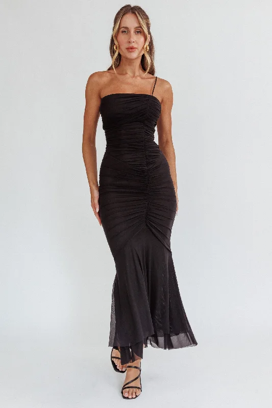 By Chance One Strap Ruched Maxi Dress Black Cozy Spaghetti Strap Maxi Dress