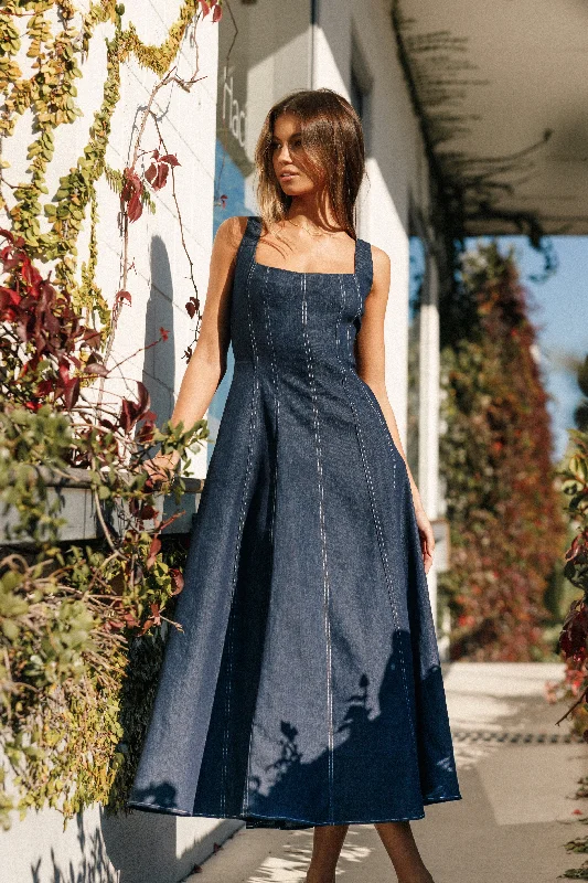 Callum Midi Dress - Dark Denim Elegant Faux Wrap Midi Dress