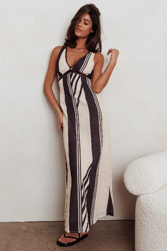 Cambria Sleeveless Striped Maxi Dress Black Stylish Maxi Dress with Pleats