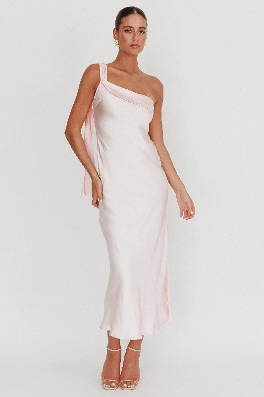 Carmel One-Shoulder Sash Maxi Dress Blush Fashionable Button-Down Maxi Dress