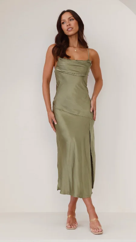 Celina Midi Dress - Olive Comfortable Fit-and-Flare Midi Dress