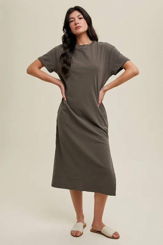 Charcoal Basic Side Slit Midi Dress Trendy Midi Dress with Belt