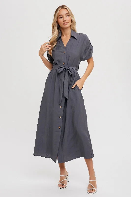 Charcoal Button Front Belted Short Sleeve Midi Dress Stylish Vintage Midi Dress