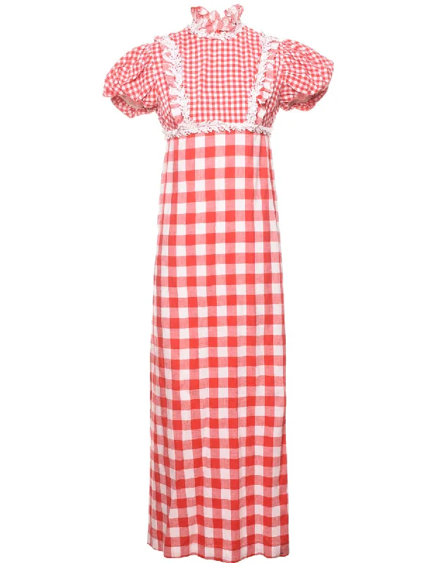 Checked Red & White 1970s Maxi Dress - XS Comfortable Satin Maxi Dress