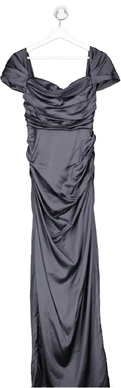 Chi Chi London Grey Bardot Ruched Satin Maxi Dress UK 8 Fashionable Off-Shoulder Maxi Dress