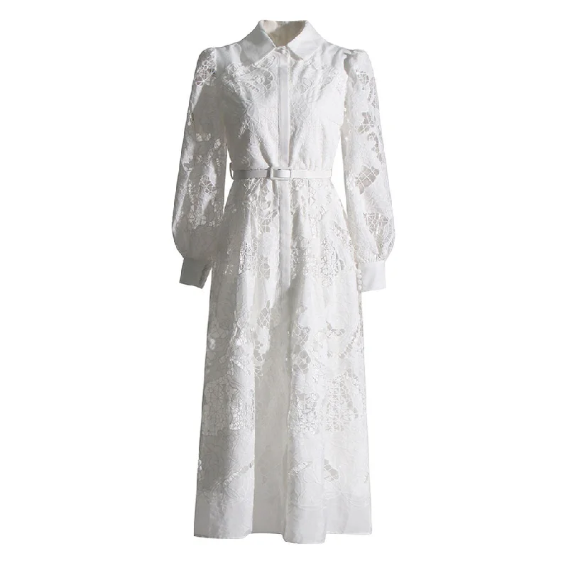 Chic Collared Blouson Sleeve Button Up Belted Guipure Lace Shirt Midi Dress Stylish Off-Shoulder Ruffle Dress